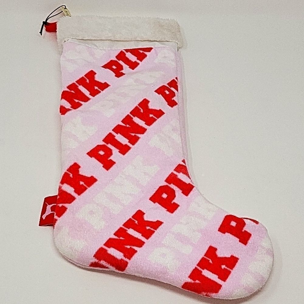 VICTORIA'S SECRET PINK RED LOGO WHITE FUZZY STOCKING